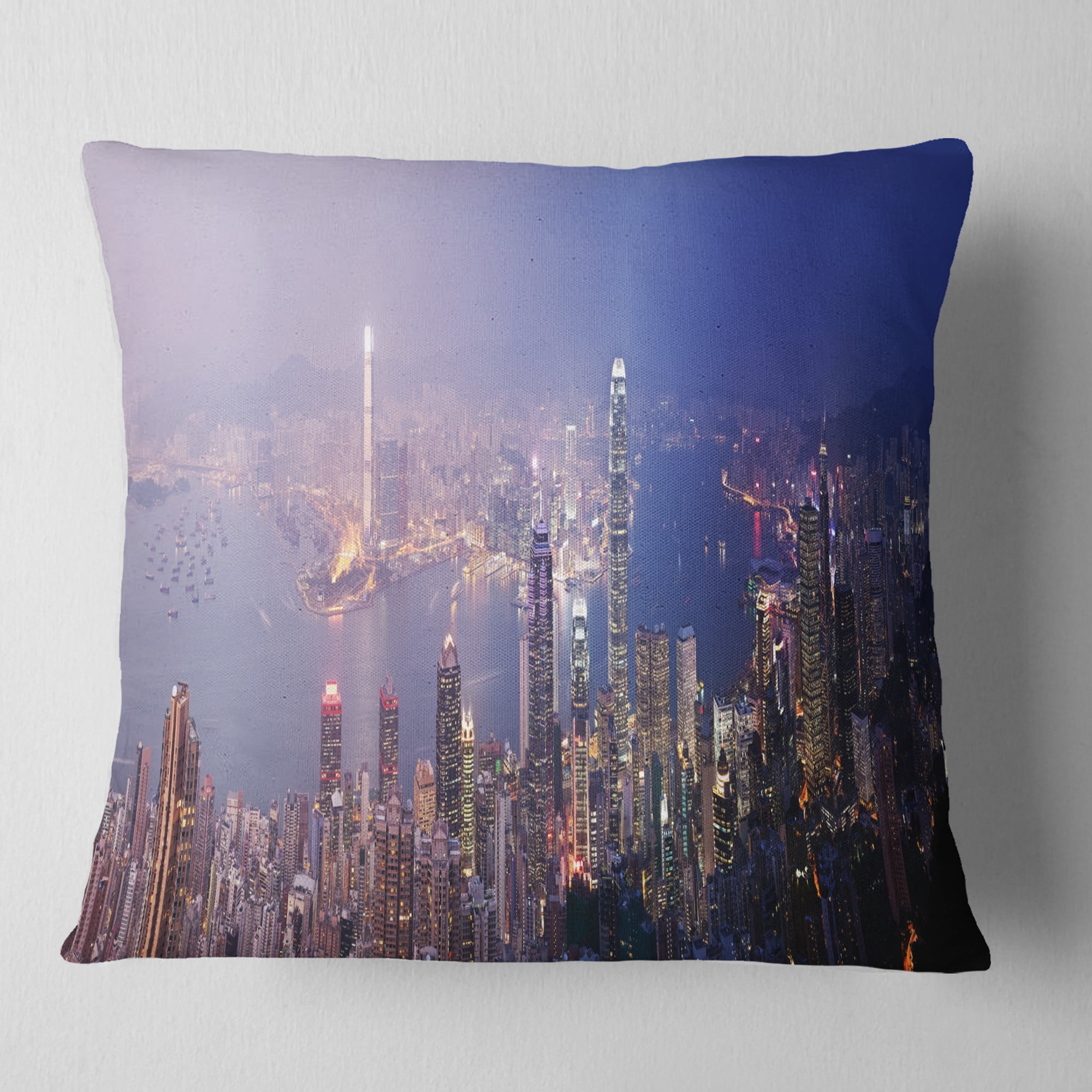 Designart Hong Kong from Day to Night - Cityscape Photo Throw Pillow - 18x18
