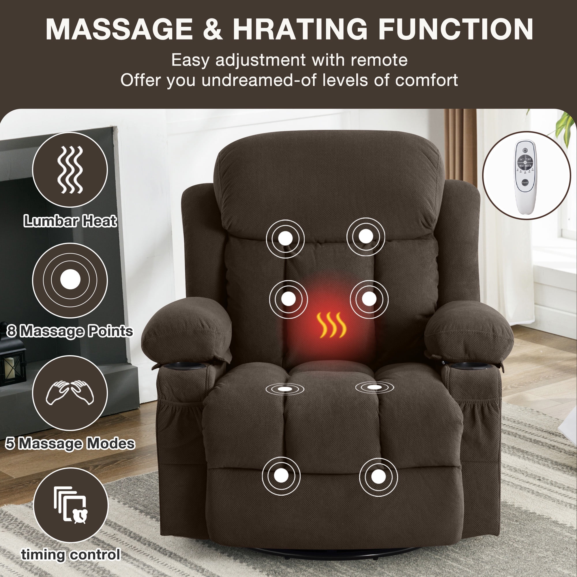 HSUNNS Swivel Recliner Chair for Adults, Living Room Velvet Recliner Chair with Massage and Heat, Single Sofa with USB Port, Cup Holder, Side and Front Pocket, Brown