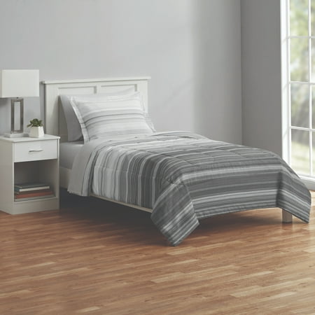 Mainstays All in One Reversible Comforter and Sheet set- 5 Piece, Twin, Grey Stripe