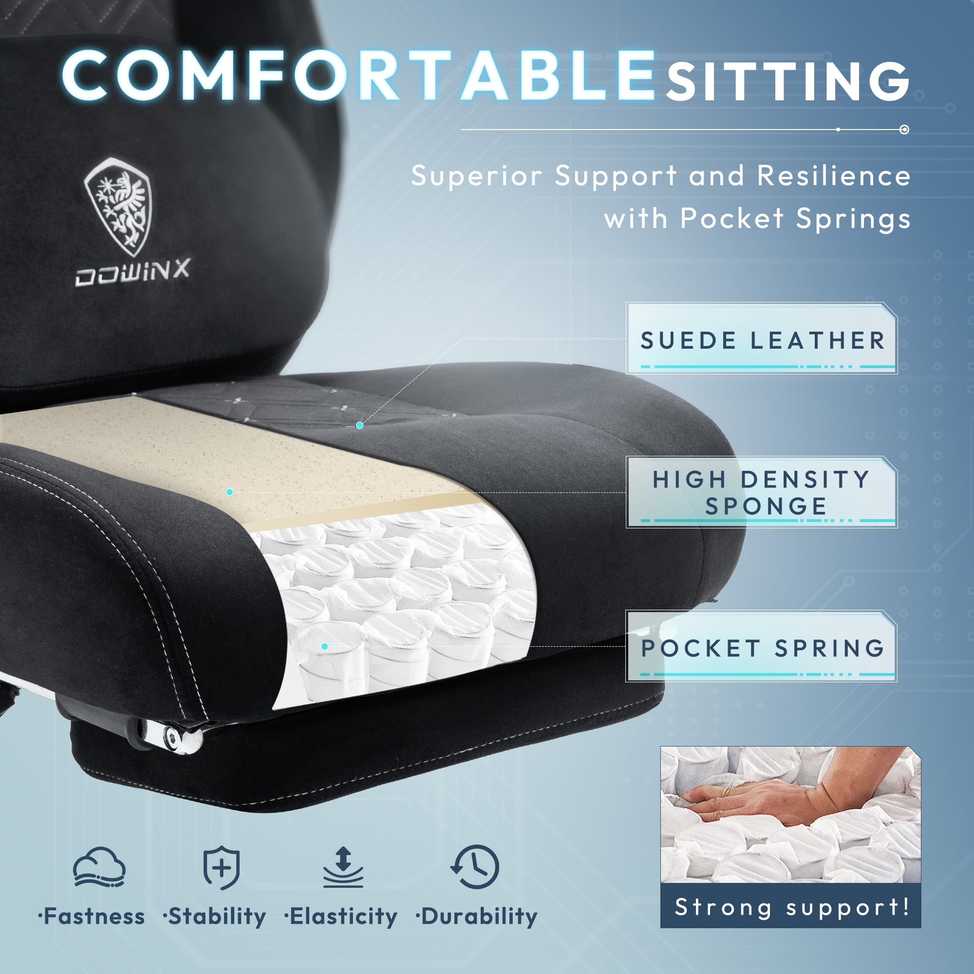 GOOSEA Fabric Gaming Chair with Heated Massage Lumbar Support, Big and Tall Game Chair for Adults, High Back PC Chair with Pocket Spring Cushion and Footrest, Black