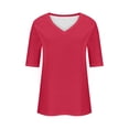 thumbnail image 3 of MIXUE Boho Tops For Women Summer Solid Color V Neck Short Sleeve Casual Basic Soft Pullover Shirts For Women Tshirts Streetwear,Red,S, 3 of 4