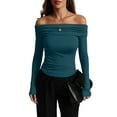 thumbnail image 3 of Women'S Off Shoulder Tops Dressy Casual Slim Fit Long Sleeves Spring Fall Blouse Going Out Shirt Peacock Green L, 3 of 8