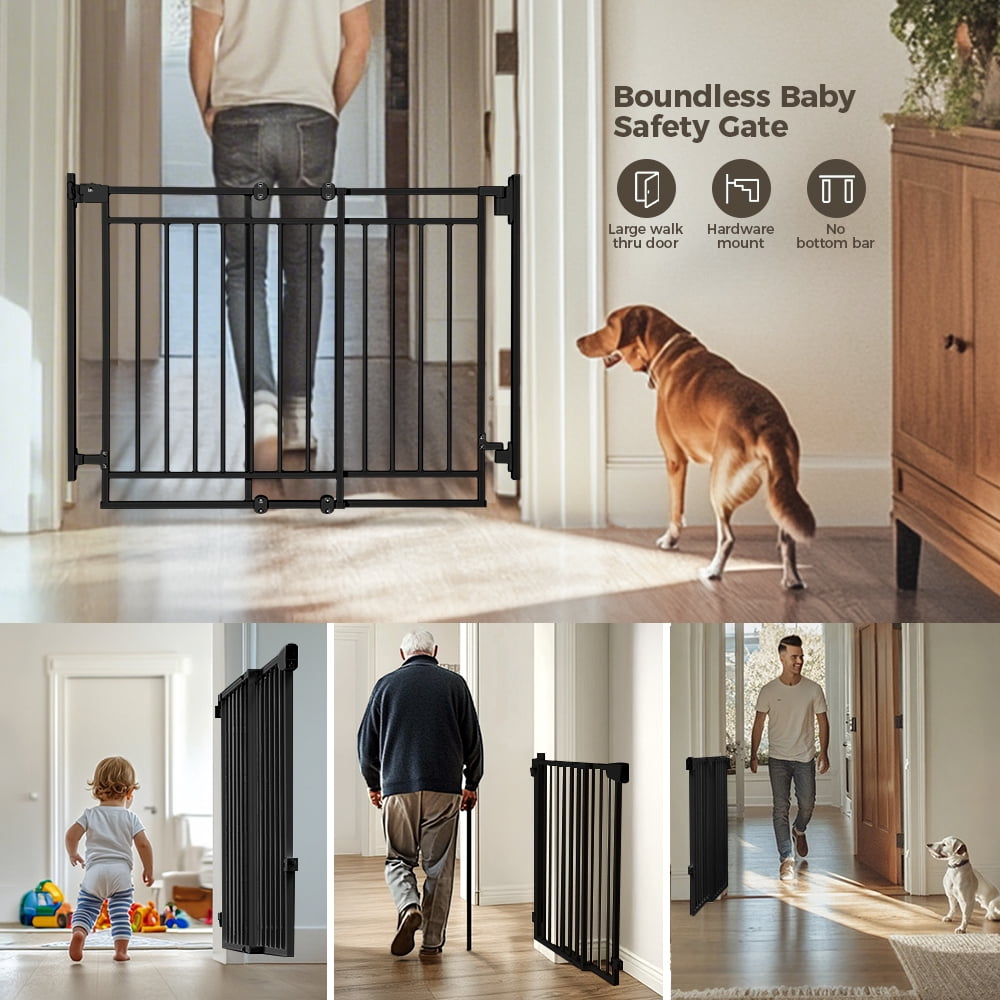 Pet Gate No Bottom Bar, Caveen 27.5-43" Pet Safety Gate for Stairs and Doorways, Black
