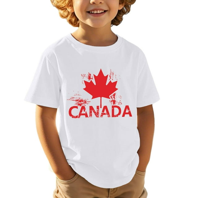 MIASHUI T-Shirt Décontracté à Manches Courtes pour Garçons, Imprimé Feuille d'Érable, Confortable pour Activités Extérieures, Blanc, 6-7 Ans