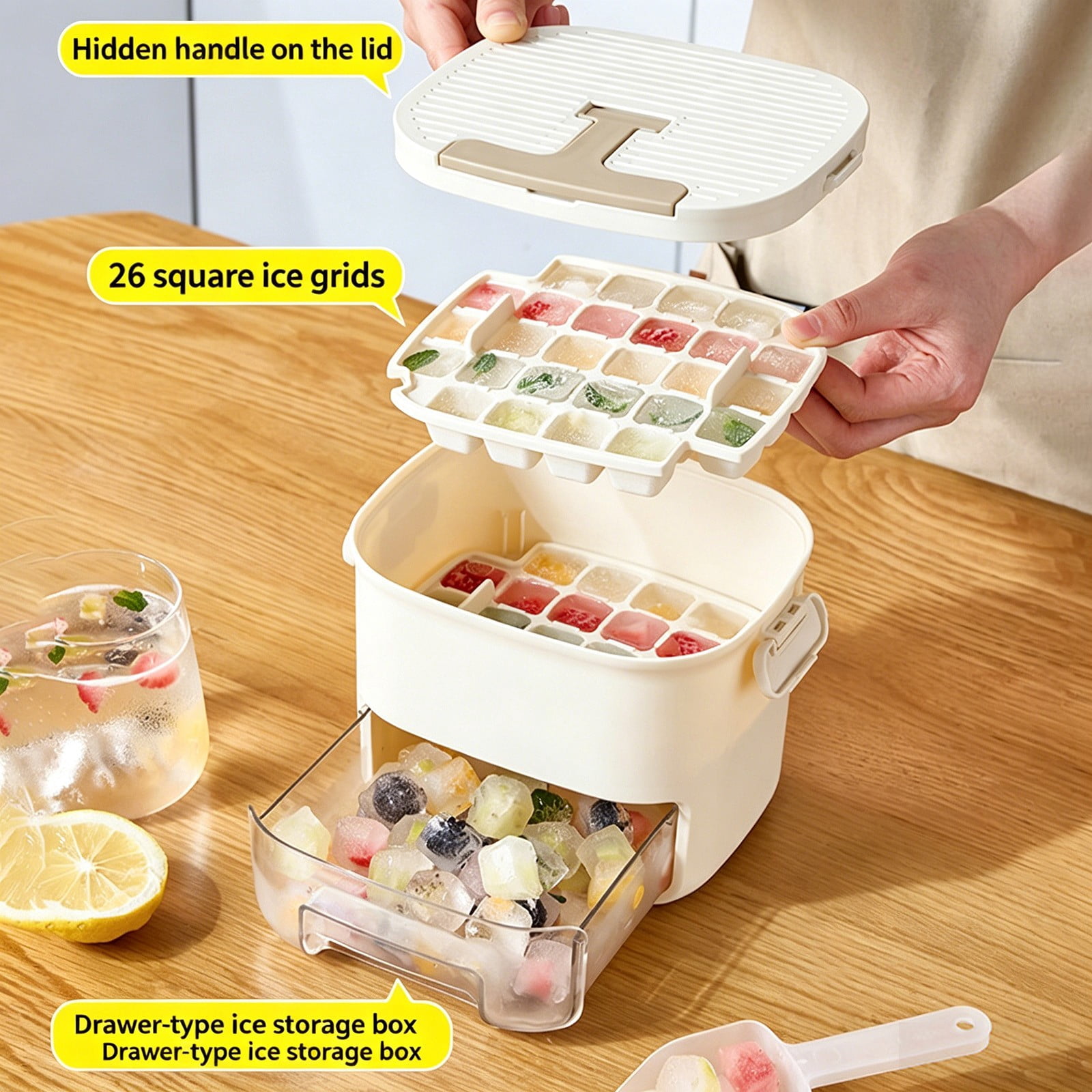 press type ice cube maker,handle press ice cube maker,handle press ice cube maker, for Freezer, Handled Press-Type Ice Cube Tray with Lid and Bin for Whiskey, Cocktail(Brown)