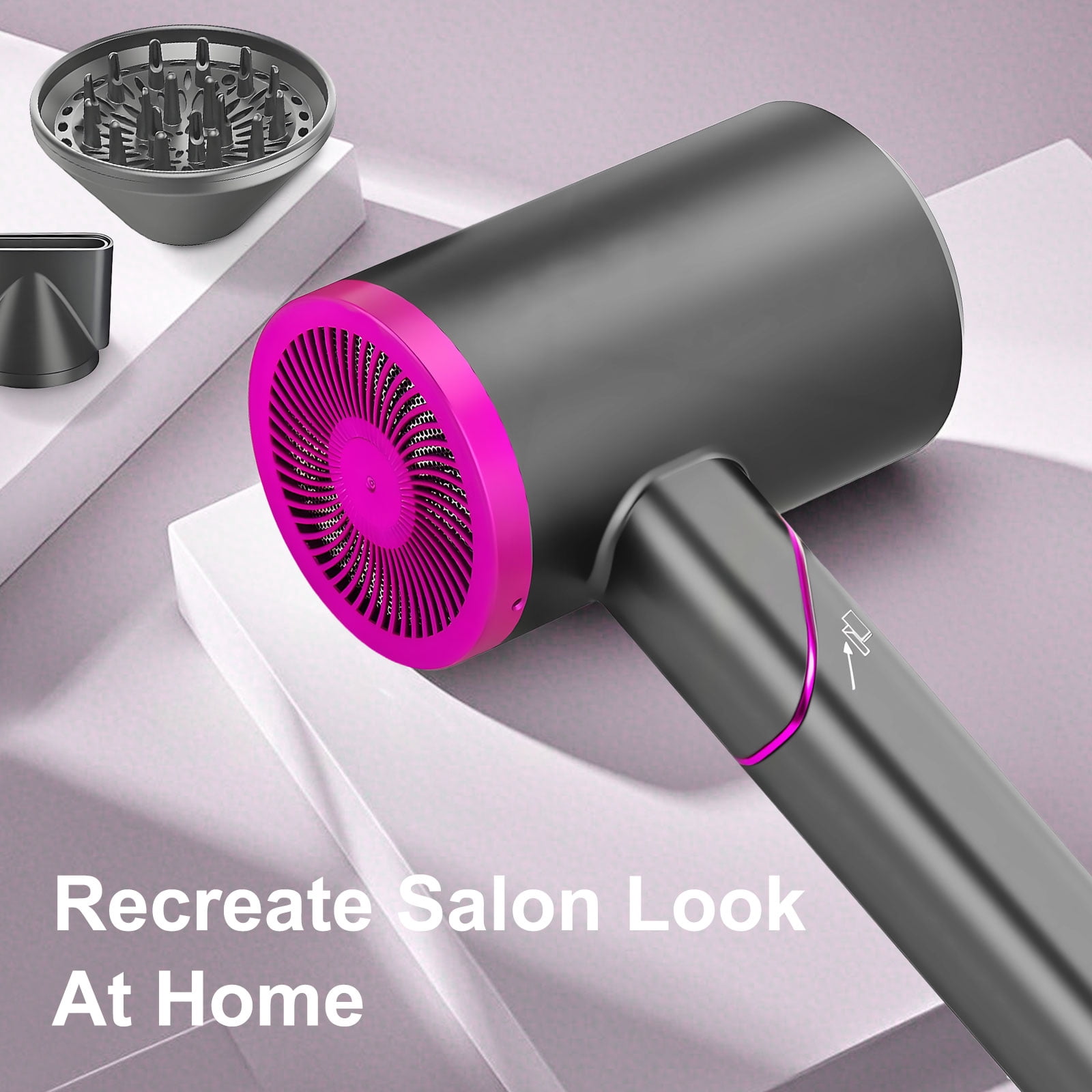 Hair Dryer with Diffuser, 1800W Professional Ionic Blow Dryer, Fast-Drying Hair Dryer with Foldable Handle, Nozzle for Home, Salon, Travel, Light Gray