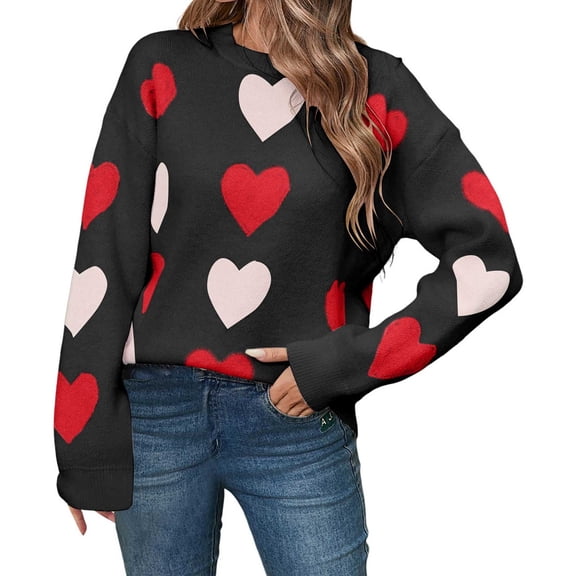 Womens Valentines Day Knitwear Pullover Sweater Heart Print Striped Tops