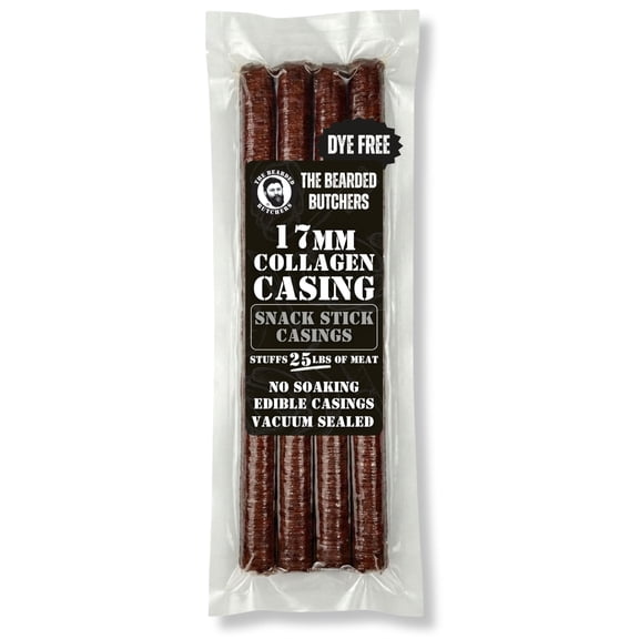 Bearded Butchers Edible 17mm Mahogany Collagen Casings, 4-Pack – Holds 25lb of Beef, Pork or Venison – Vacuum Sealed, Dye-Free Casings for Snack Sticks & Pepperoni – Ready to Use, No Soaking