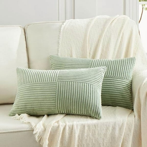 Wanhoo 2 Packs Sage Green Lumbar Decorative Throw Pillow Covers 12x20 Inch for Living Room Couch Bed, Rustic Farmhouse Boho Home Decor, Soft Striped Corduroy Rectangle Accent Cushion Case 30x50 cm