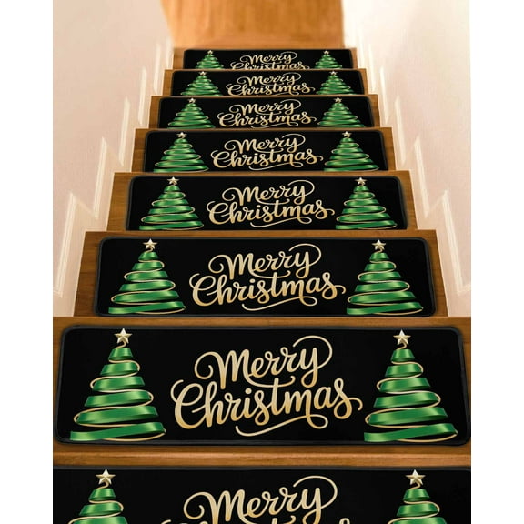 Black Green Christmas Stair Treads for Wooden Steps Indoor Runner Rug Carpet, Xmas Tree Modern Abstract Art 7 Pieces Peel and Stick Staircase Step Treads Covers Washable Throw Door Mats, 30"x8"