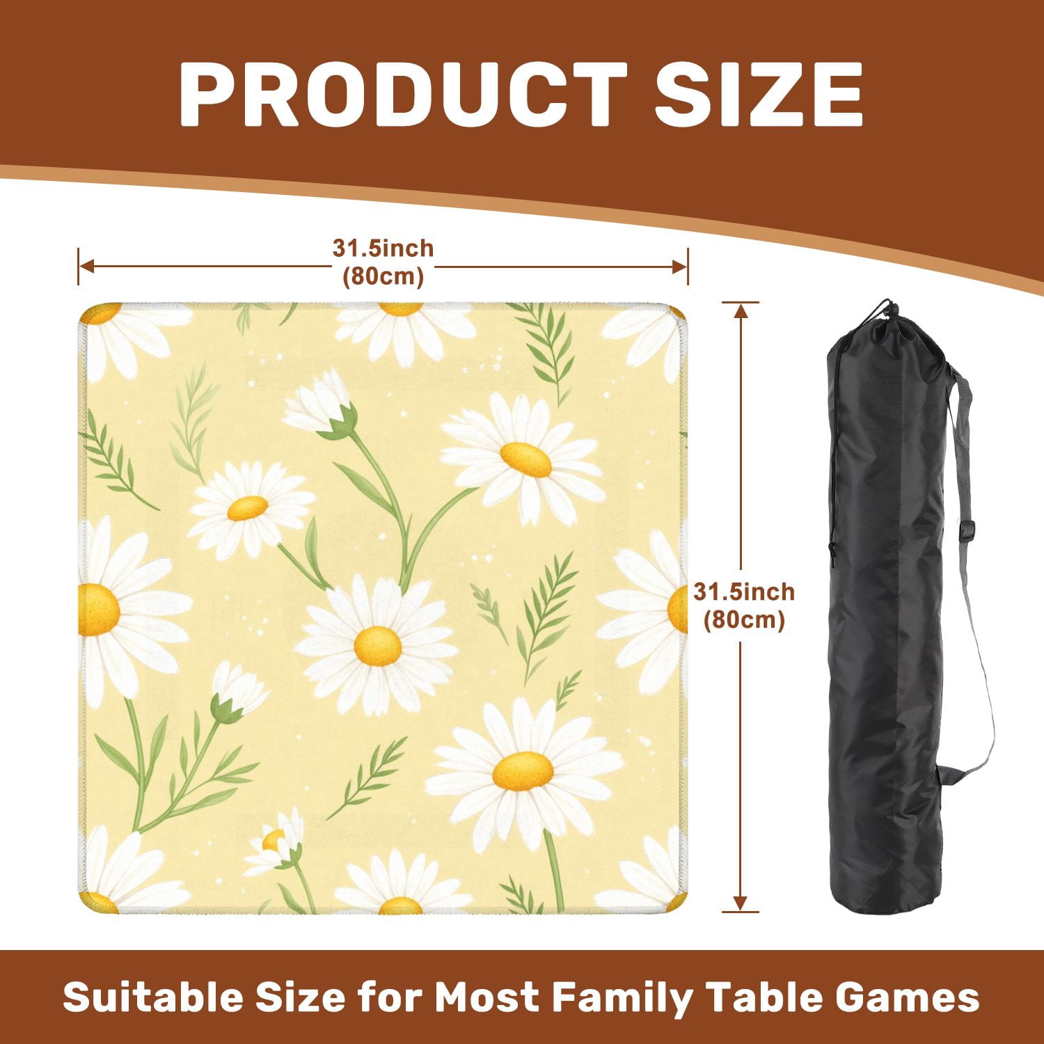 Mahjong Mat 31.5" x 31.5" Seamless Yellow White Daisies Green Leaves Non-Slip Noise Reduction American Mahjong Tiles Table Cover for Dominoes Poker Card Board Games Gift