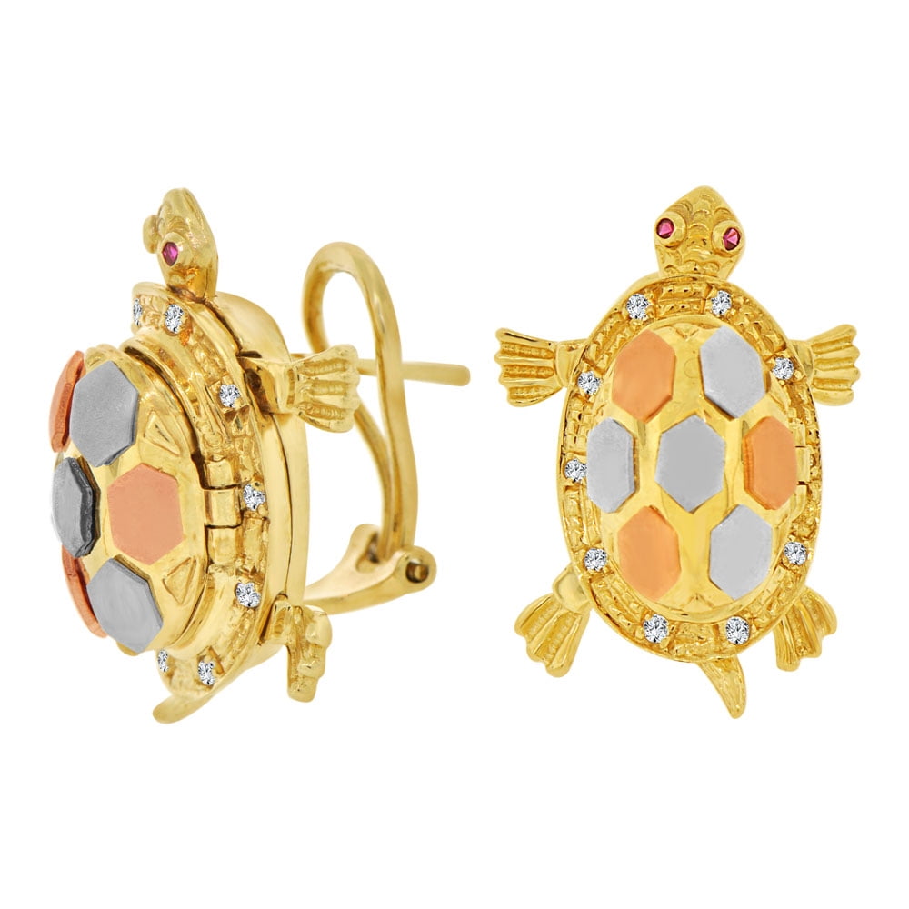 14k Tricolor Gold, Mystical Tortoise Turtle Earring Created CZ Crystals ...