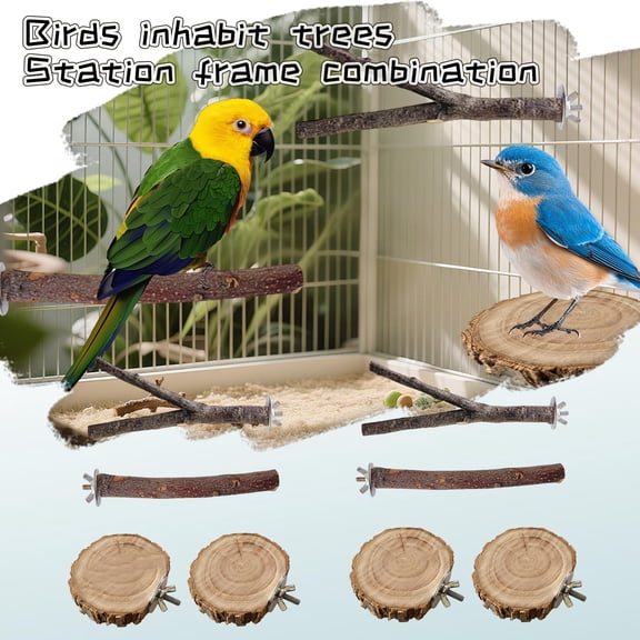 4 PCS Bird Perches for Cage, Natural Wood Parrot Perch Stand, Multi-Branch Platform with Fork Toys, Birds Cage Accessories for Parakeet Cockatiel Budgie Conures Lovebirds