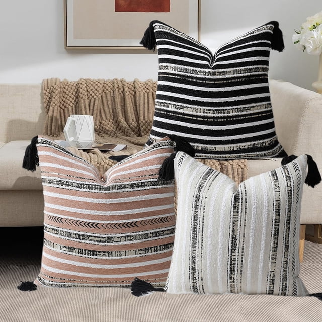 Funda de cojín bohemio 18x18 | Tejido de algodón con textura de cuerda, borlas, cremallera invisible | Detalles decorativos para sofá, cama, salón | Negro, Caqui, Blanco – Suave, Costurado a mano