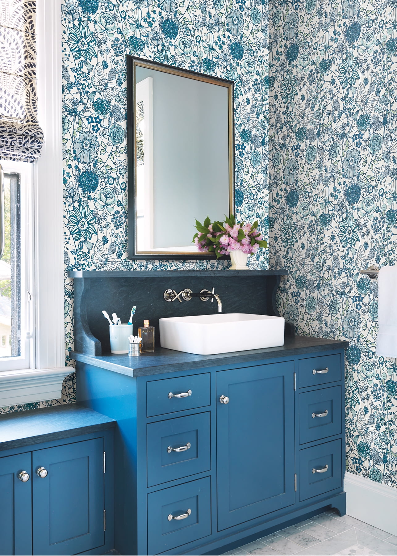 A-Street Prints Daley Blue Line Floral Wallpaper, 20.5-in by 33-ft, 56.38 sq. ft