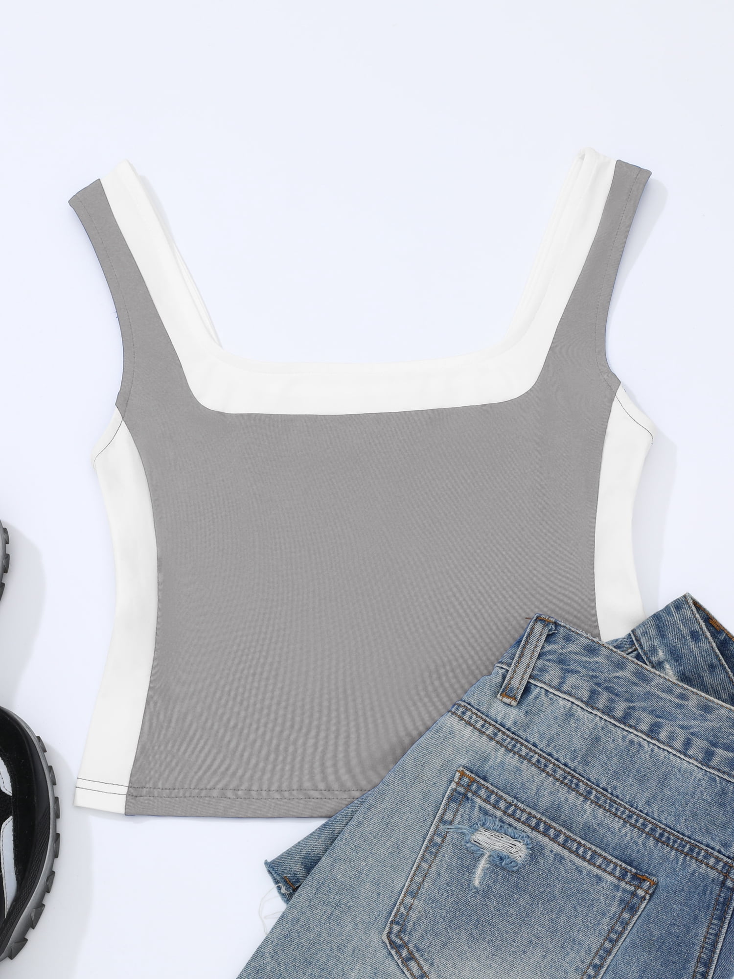 DARING DIVA Women's Crop Square Neck Slim Fitted Color Block Yoga Shirts M Gray
