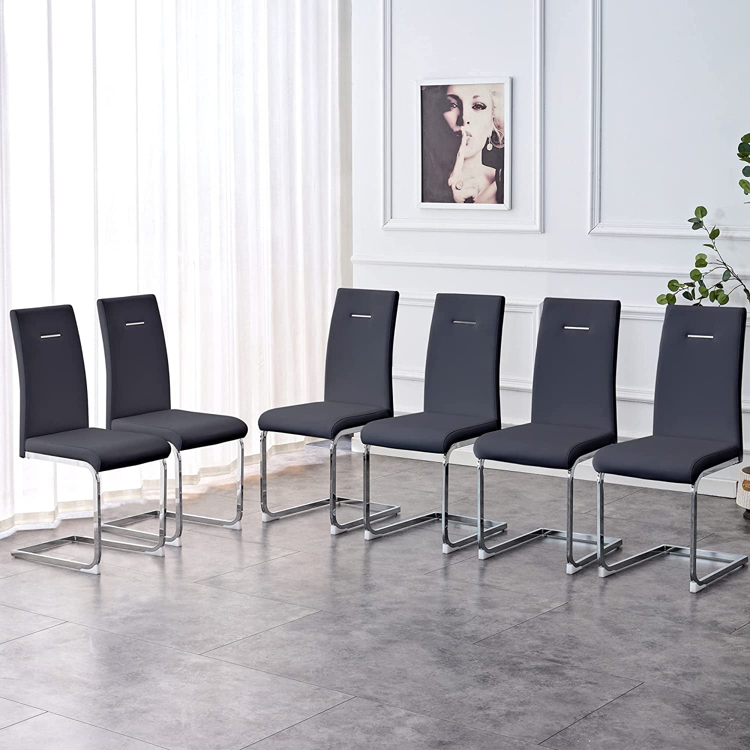 Modern Dining Chairs Set of 6,Metal Leg Kitchen Chairs with Leather