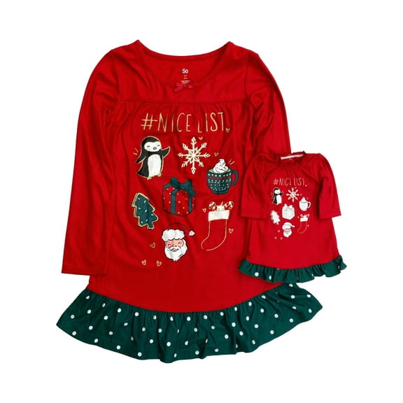 Girls Red Flannel On the Nice List Holiday Nightgown & Doll Night Gown Set 10