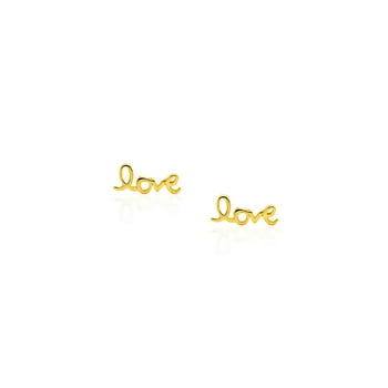 Mercie Sterling Silver Gold Vermeil Gold Love Script Stud Earrings, Minimal Jewellery for Women