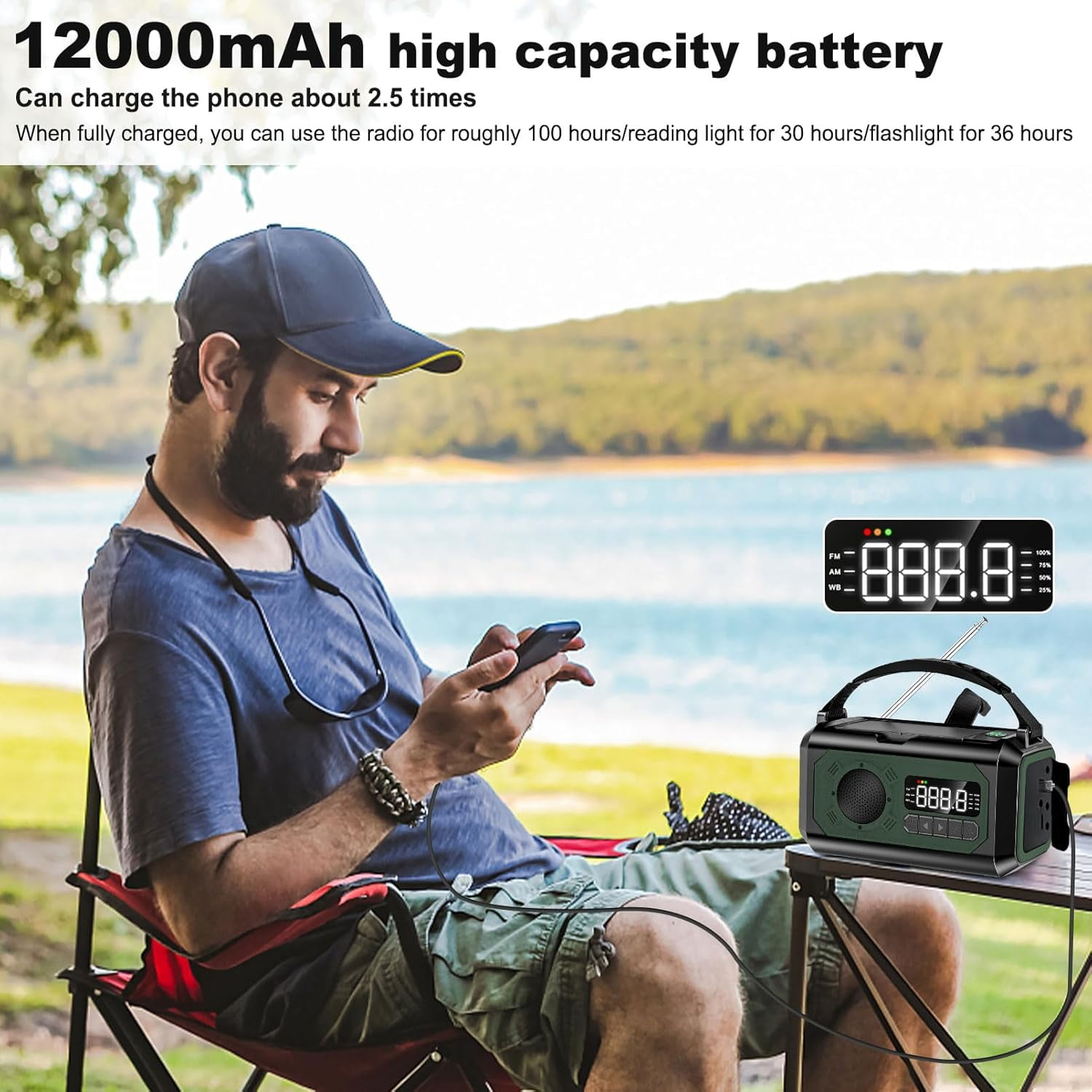 12000mAh Emergency Radio, AM/FM/NOAA Weather Alert Radio, Portable Hand Crank Radio Solar/Type-C Charging Outdoor Radio with Torch & LED Reading Lamp, SOS Alarm, Compass, Power Bank (Army Green)