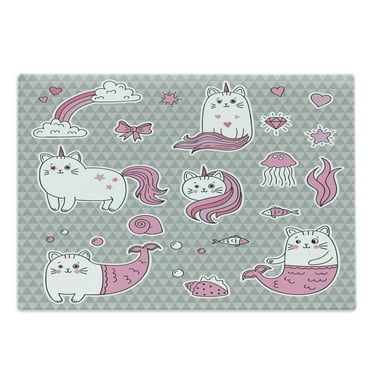 Unicorn Cat Cutting Board, Cat Unicorn and Mermaid Fishes Bubbles Hearts Underwater Theme, Decorative Tempered Glass Cutting and Serving Board, Large Size, Grey Pale Pink White, by Ambesonne
