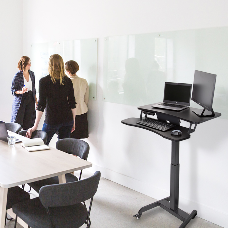 Stand Steady Electric Mobile Podium with Keyboard Tray | Height Adjustable Stand Up Workstation with Locking Wheels | Go from Sitting to Standing with Programmable Control Pad (Black)