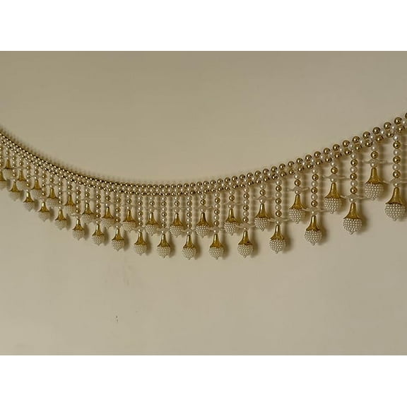 Decorative Pearl Toran Bandhanwar with Gold Accents, Traditional Door Hanging for Temple, Wedding, Festival Decoration, White and Gold