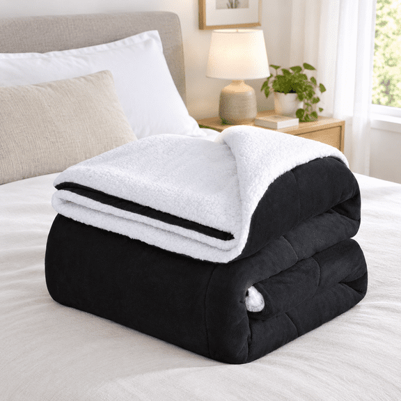 Black King 90"x108"x1.3" Thick Warm Sherpa Fleece Winter Bed Blanket