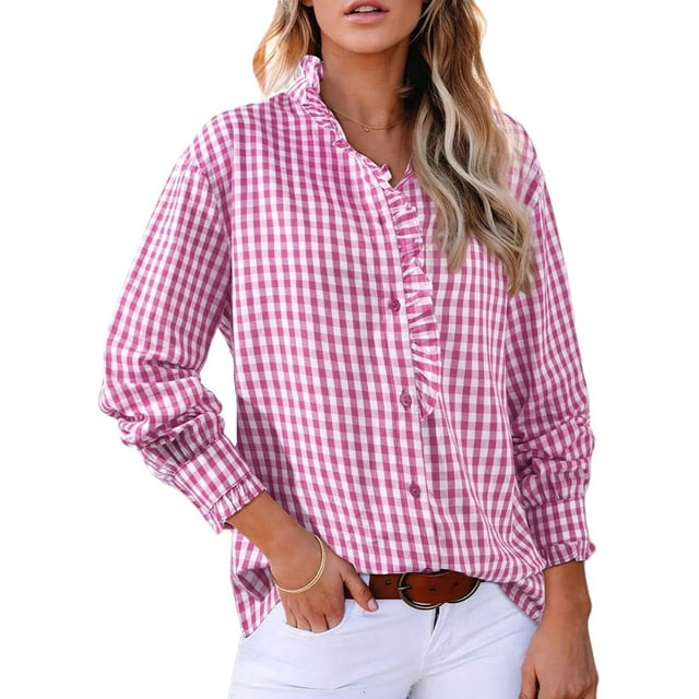 Women'S Plaid Ruffle V Neck Button Down Blouse Casual Long Sleeve Gingham Work Checkered Shirt Tops Pink L