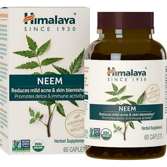 Himalaya Organic Neem Herbal Skin Supplement, Mild Acne Supplement, Clear Skin, Purifying, 60 Plant-Based Caplets