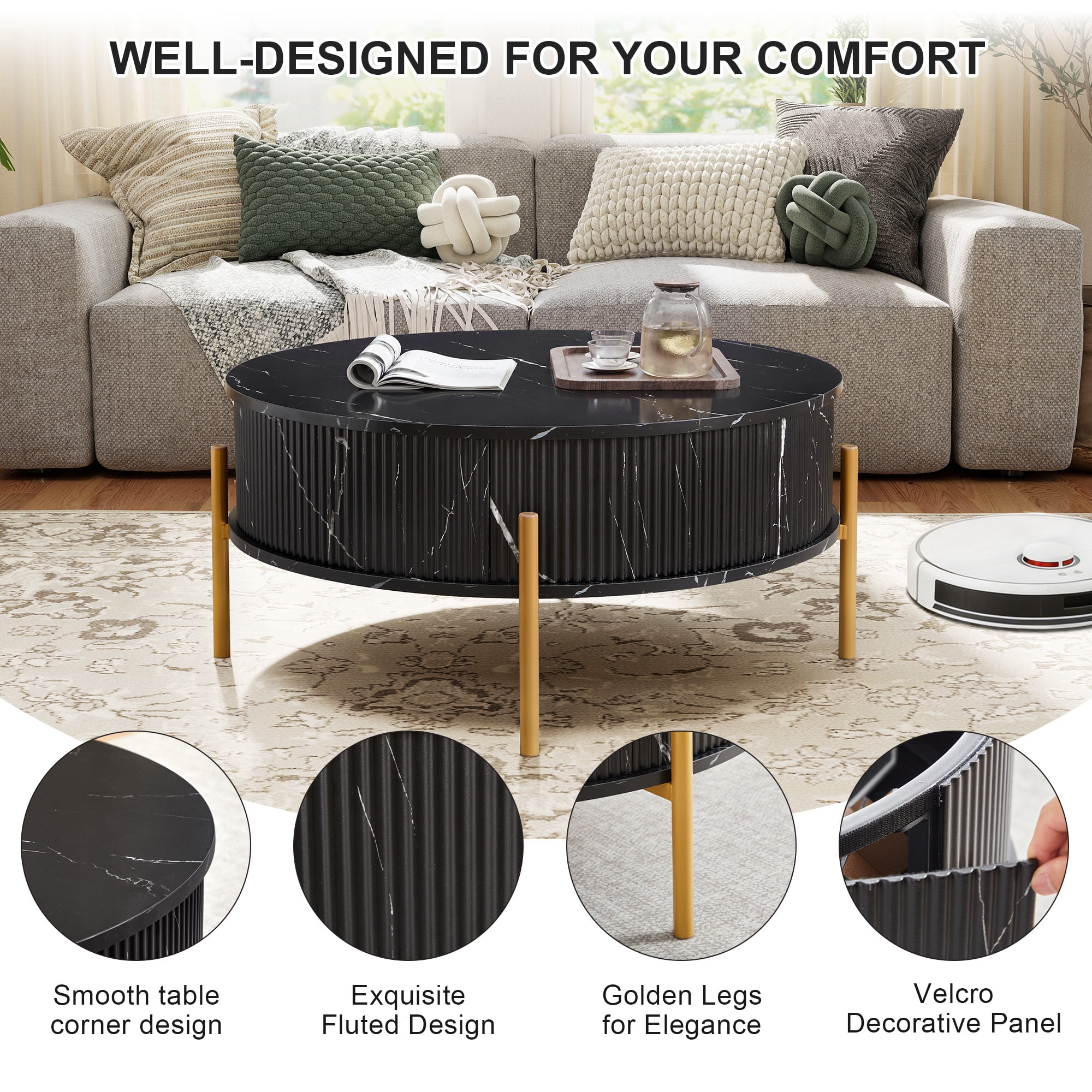 YOCWO 31.5" Lift Top Coffee Table for Living Room with Wave Base, Mordern MDF Round Coffee Table for Apartment Small Space with Marble Veneer Finish, Black