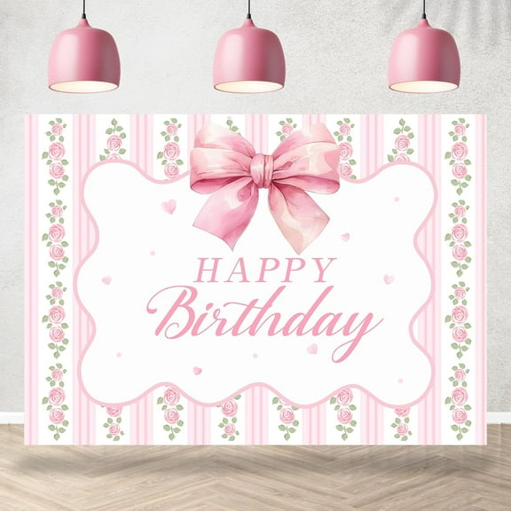 7x5Ft Happy Birthday Backdrop Pink Bowknot Floral Stripes Flowers Photography Background Girls Women Birthday Party Decorations Cake Table Banner Supplies Photo Booth Props