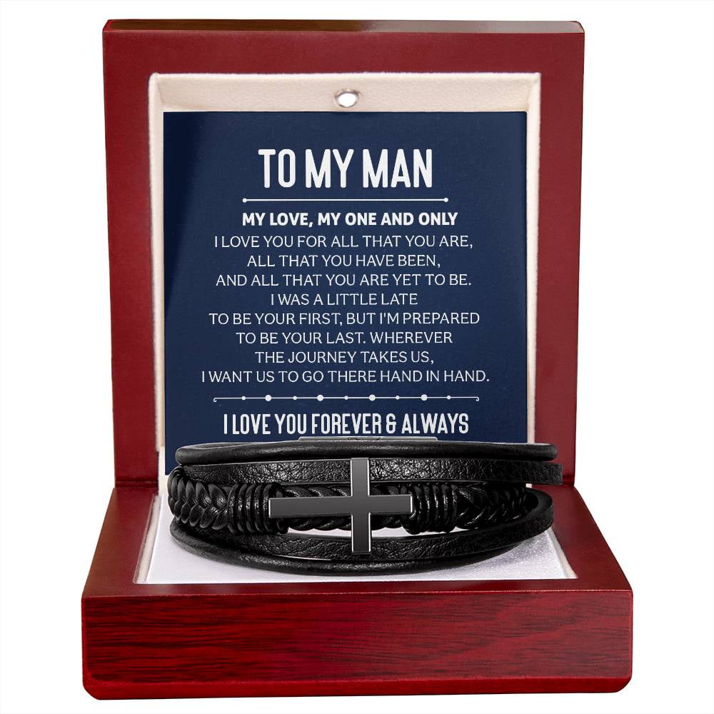 To My Man My Love My One and Only Men's Cross Bracelet - Vegan Leather with Stainless Steel