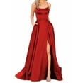 thumbnail image 2 of Povozer Cowl Neck Satin Bridesmaid Dresses Long with Slit Spaghetti Straps Formal Prom Evening Gowns with Pockets 2024(Red,L), 2 of 6