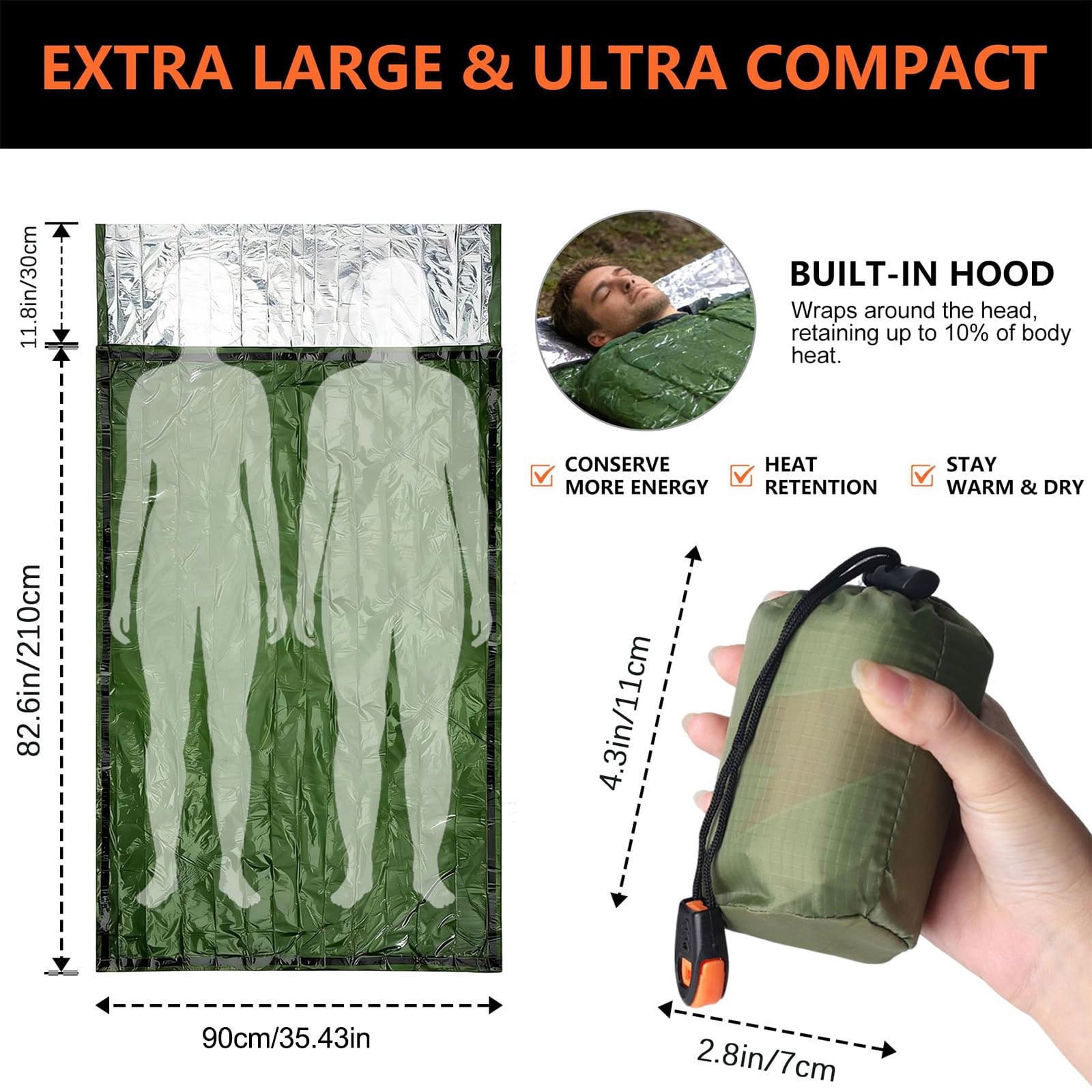 Bivy Sack Survival Sleeping Bag, Waterproof Survival Sleeping Bag with Emergency Whistle, Portable Thermal Emergency Bivy Bags for Camping Hiking Outdoor Survival （Green, 2PC)