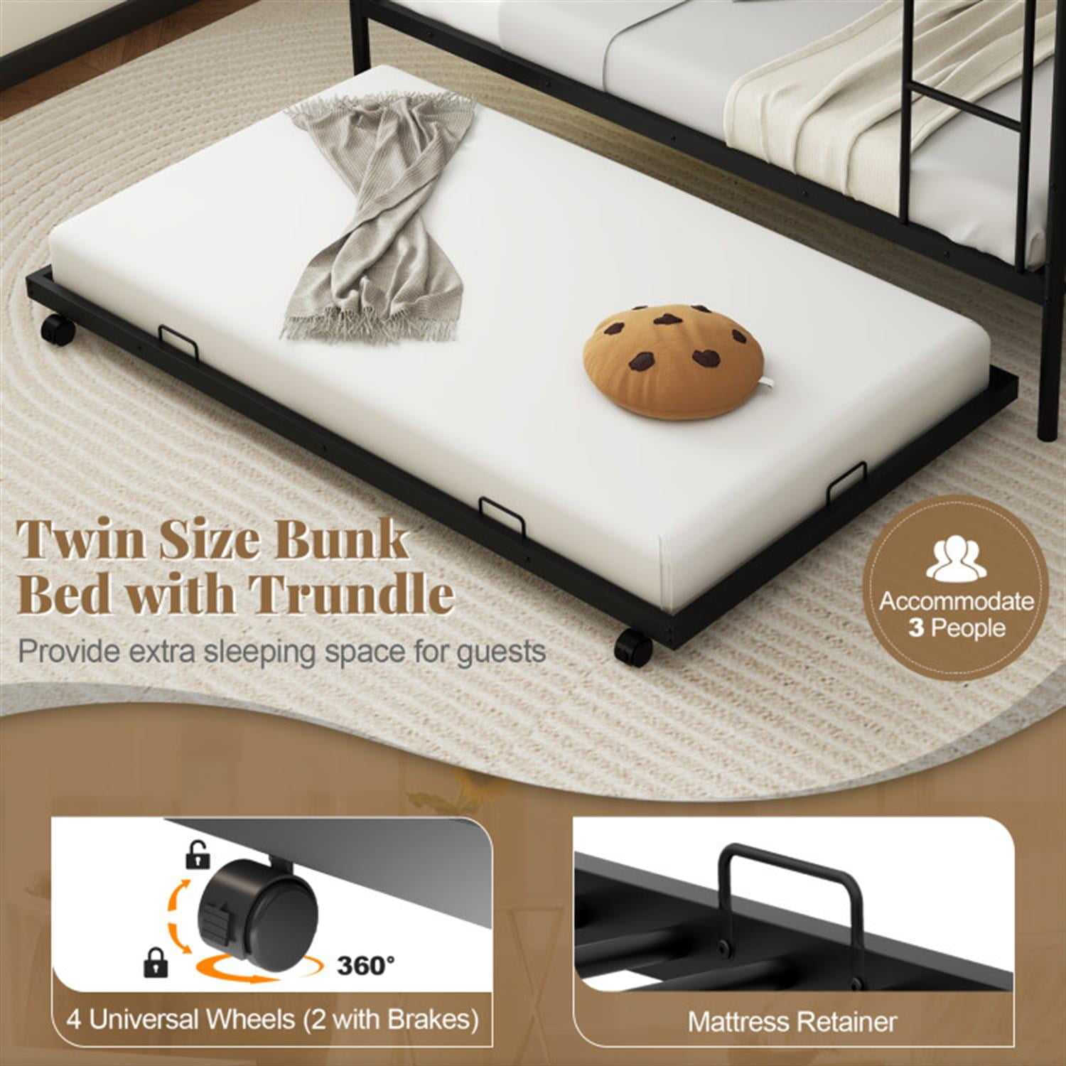 Demi Bonn Twin Over Twin Bunk Bed with Ladder and Full-length Guardrails, Metal Bunkbeds with Trundle for Bedroom, No Box Spring Needed, Black