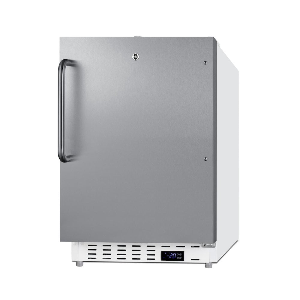 Commercially aproved undercounter ADA compliant all-freezer with white cabinet and stainless steel door
