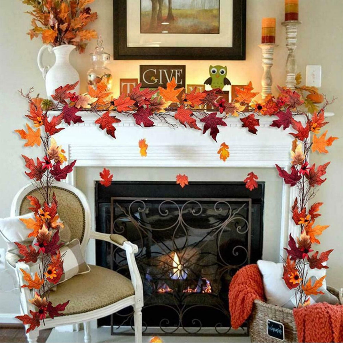 1.7M Fall Maple Leaves Lighted Garland Decor- Thanksgiving String Lights Decorations Autumn Halloween Party Ornament ( Batteries Not Included)