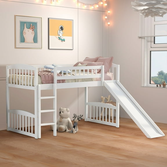 Aukfa Solid Wood Loft Bed with Slide for Kids Girls Boys, Twin Size, White