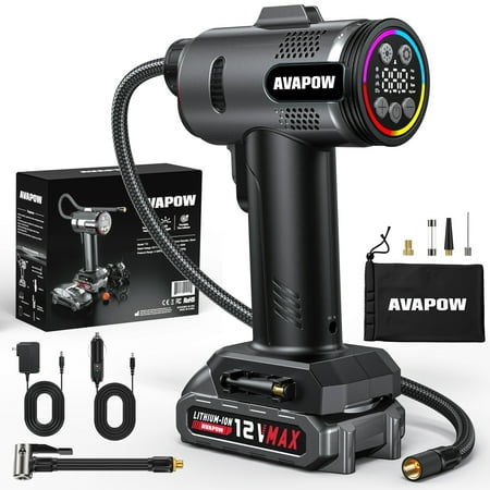 AVAPOW T12 Portable Tire Inflator 160 PSI Cordless Dual Power Air Compressor with Rechargeable Battery Digital Gauge and 12V Car Adapter