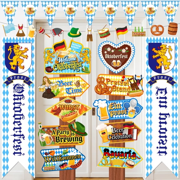 Oktoberfest Banner Sign Large Bavarian Party Banner, Oktoberfest Directional Sign, Blue and White German Beer Festival Decoration for Indoor Outdoor