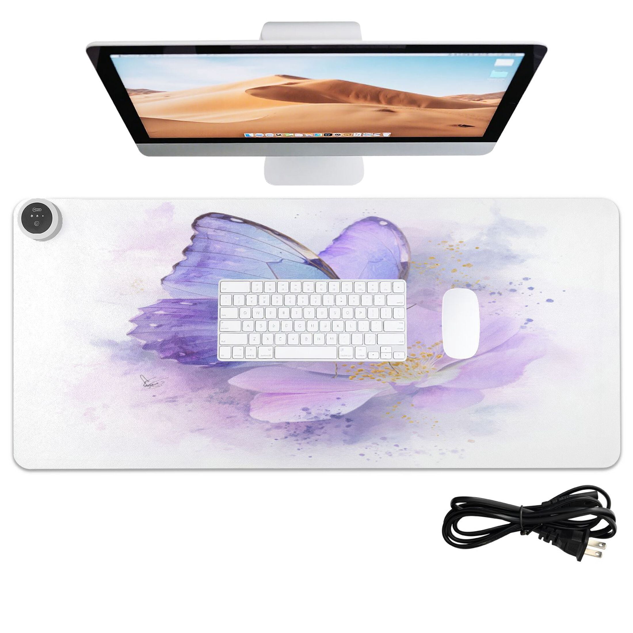 Large Heated Desk Mat Mouse Pad 31.5"x13"PU Leather Graphene Heating Desk Warmer with 3 Temperature Settings 110V US Plug Non-Slip Warm Pad for Home, Office, and Gaming Lavender Dream Of The Morpho