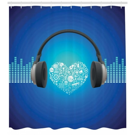 Shower Curtain Headphones Earphones Heart Shape Disk On Shower Curtain Headphones Earphones Heart Shape Disk On Circular Geometrical Background Fabric Bathroom Set With Hooks Royal Blue And Grey