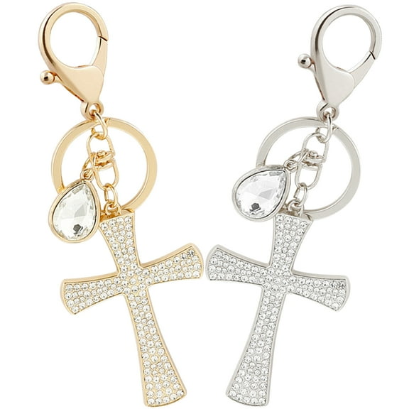 UPOUART 2Pcs Rhinestone Cross Keyring in Golden Alloy for Elegant Car Key and Bag Accessories