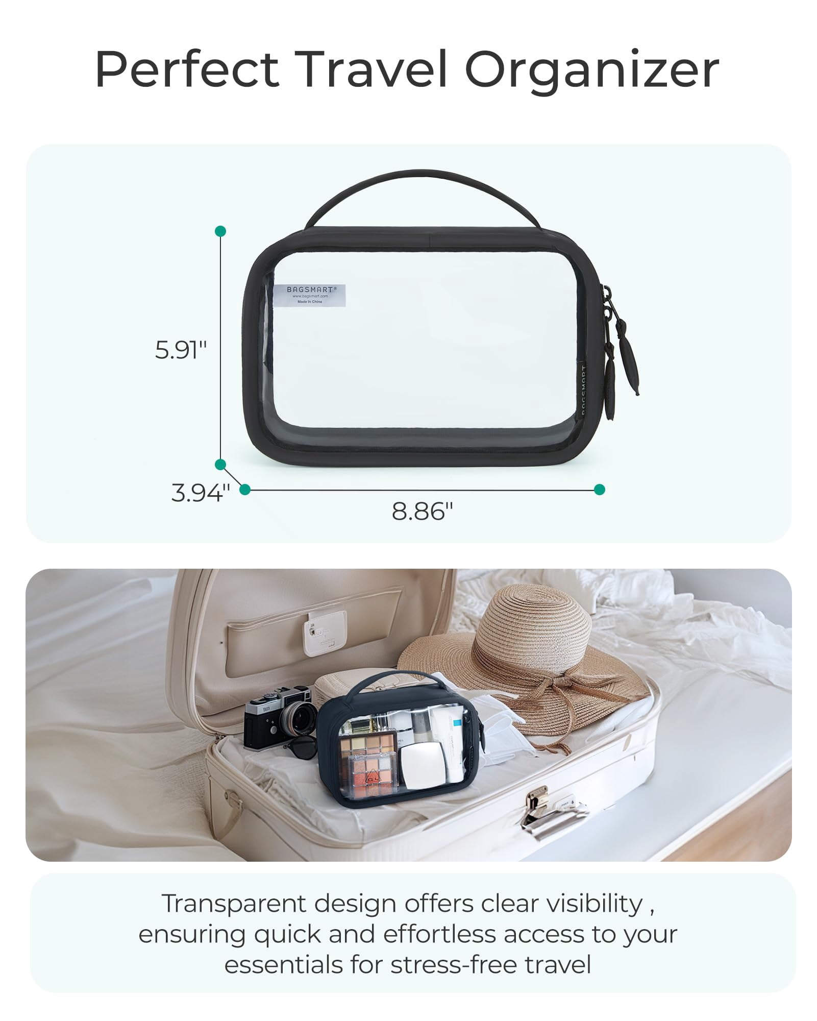 china clear travel toiletry bag with Detachable TSA Approved  Baggily placed in the security bin Camila Clear Toiletry Bag