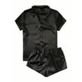 thumbnail image 3 of QQAMB Women's Pajamas Sets Short Sleeve Solid Casual Sleepwear Button Down Lapel and Shorts Satin 2 Piece Pajama Set Black M, 3 of 3