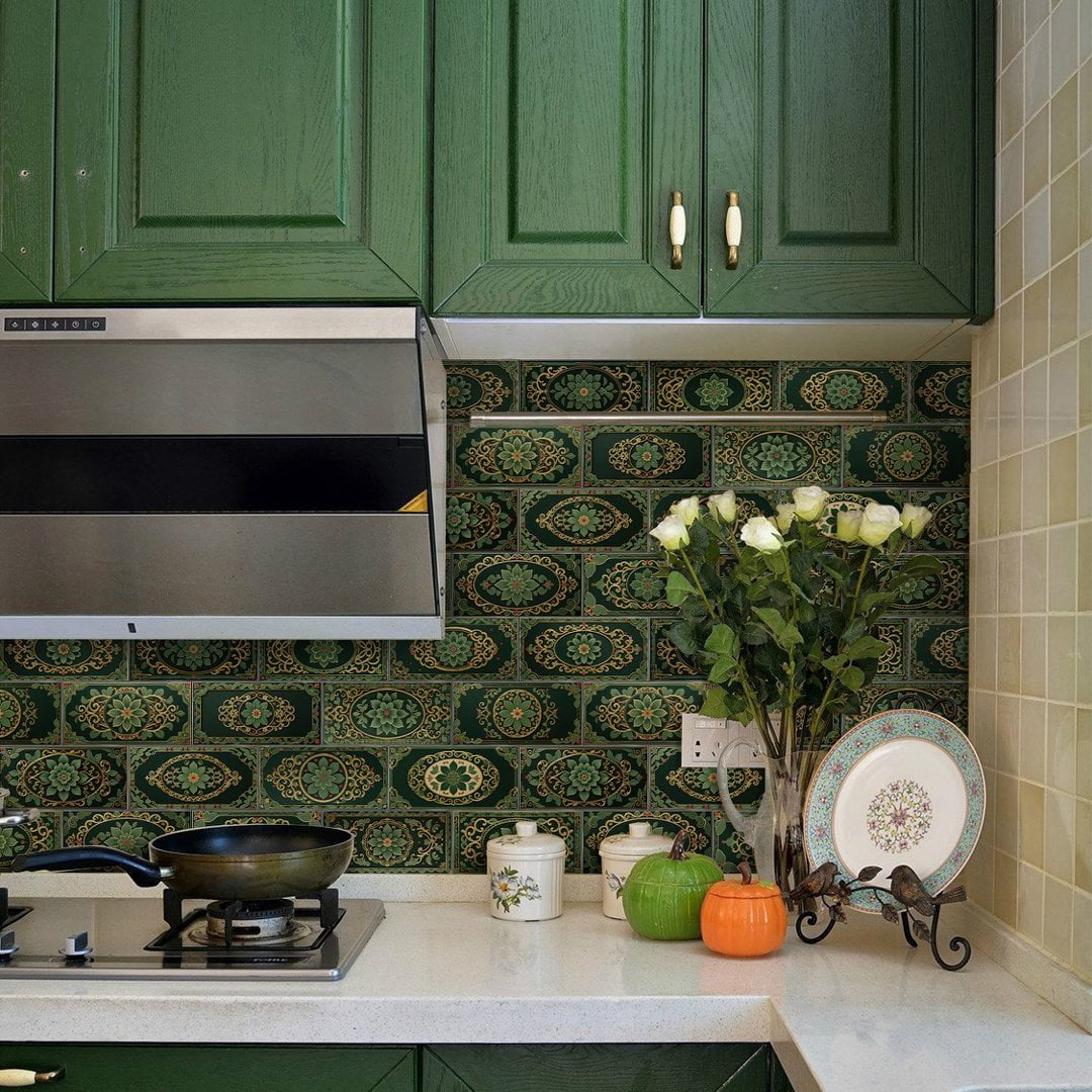 16Pcs Foaming Board Vinyl Tiles Stickers Wall Decals 8" x 4" Green Gold Flowers Pattern Waterproof Peel and Stick Backsplash Mural