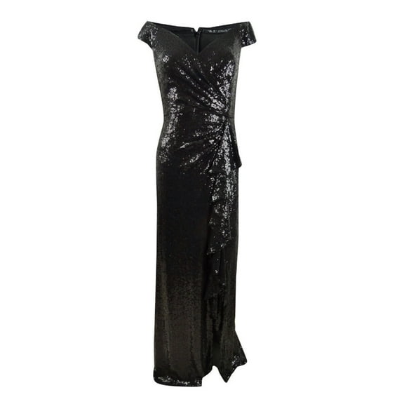 TADASHI SHOJI Womens Black Sequined Ruffled Zippered Short Sleeve Off Shoulder Full-Length Formal Fit   Flare Dress S