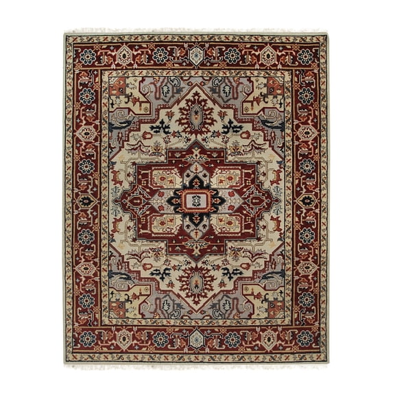 EORC Ivory Hand Knotted Wool Traditional Heriz Weave Rug, 8' x 10'-Color:Ivory,Material:Wool