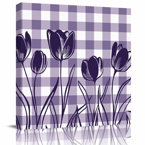Framed Canvas Wall Art for Living Room Purple Tulip Flowers Wall Decor, Floral Buffalo Plaid Aesthetic Paintings for Bedroom Office Kitchen Bathroom, Ready to Hang Artwork Wall Pictures 8x8 Inch